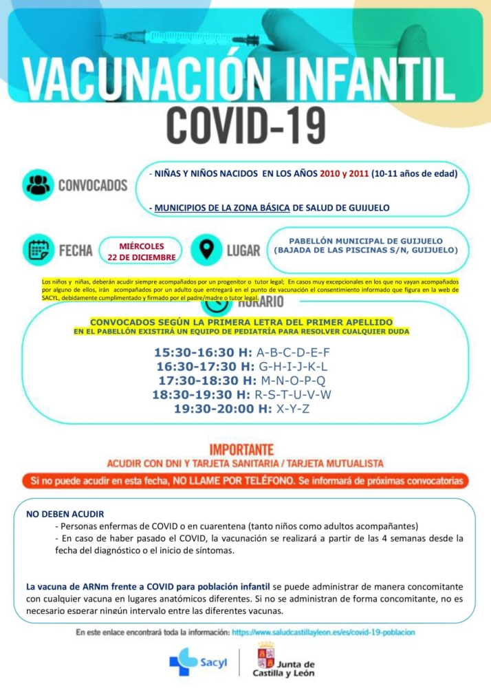 Convocatoria de vacunación para niños en Guijuelo miércoles 22 de diciembre